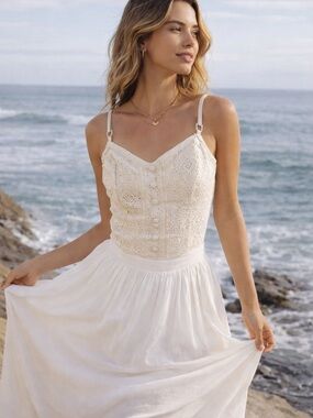 Studio F Lace Floral Bodysuit Cream XS Eyelet Button Front Cottagecore